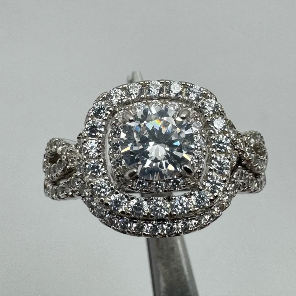 Stunning 925 Sterling Silver Double Band Halo CZ Ring Size 10 NEW